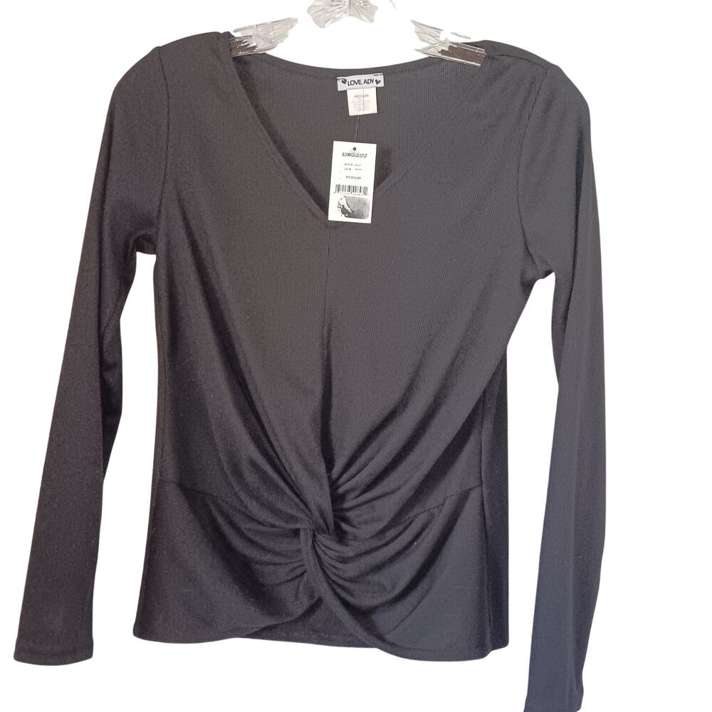 NWT Love Ady Top Size Medium Black Ribbed Long Sleeves V-Neck Twist Front Hem